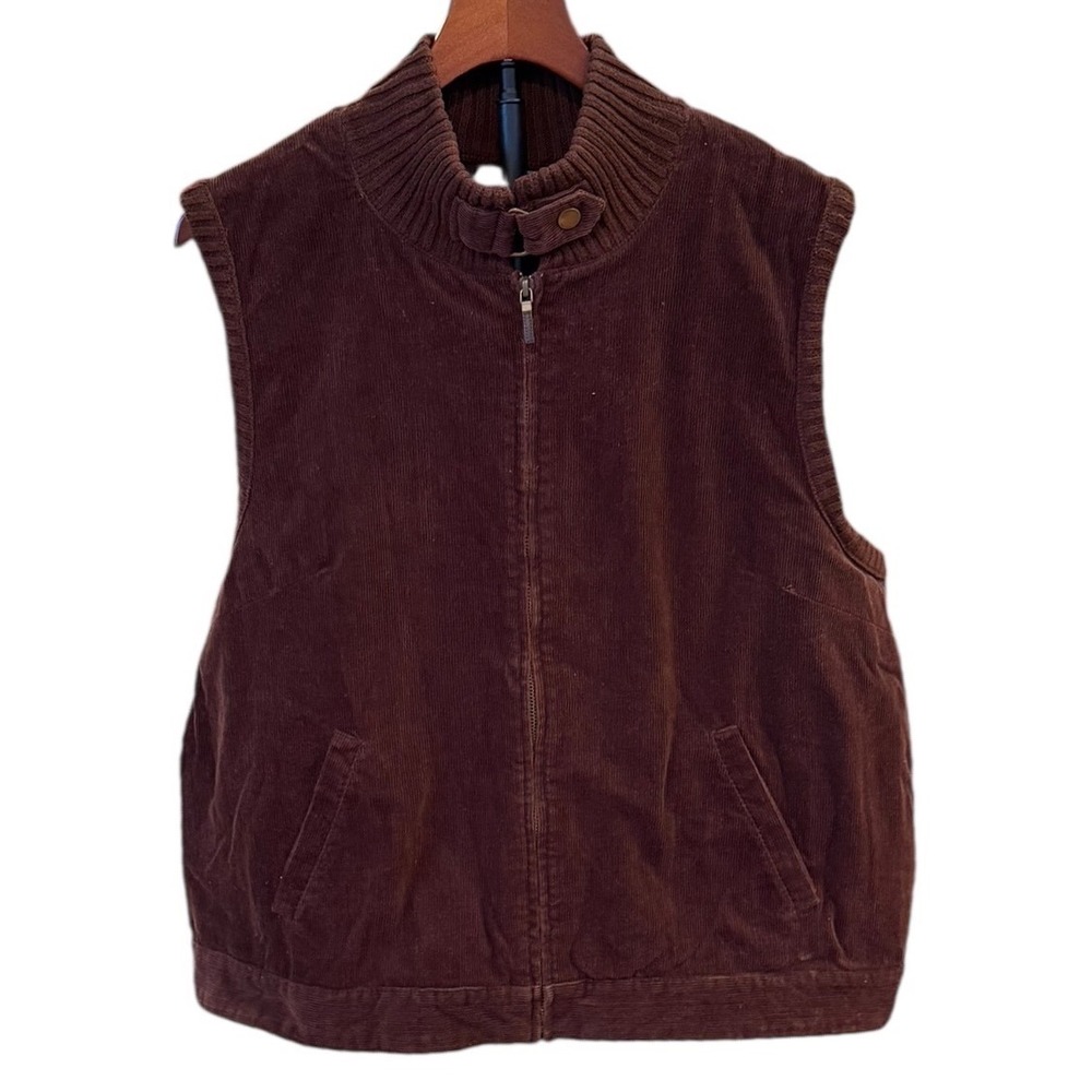 Lauren Ralph Lauren Womens Corduroy Knit Back Zip Vest Brown Mock Neck Buckle XL